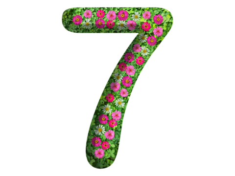3d of the number 7 is made of green grass and beautiful flower isolated on transparent background. Go green concept for Memorial Day template