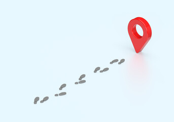 Red path marker, pins on the map. Footprints on the road. 3d rendering on the topic of travel, flights, tours, travel company, navigation, route. Blue background.