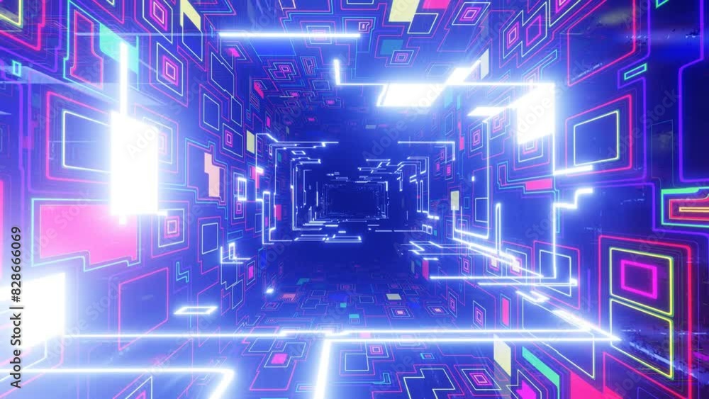 Aufkleber fly through technology cyberspace with neon glow. sci-fi flight through hi-tech technology tunnel. g