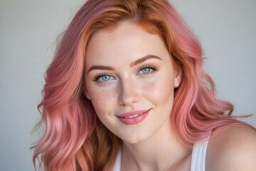 Naklejka premium Close up portrait of a beautiful smiling woman with wavy pink hair, blue eyes, wearing a white tank top on gray background, studio shot.