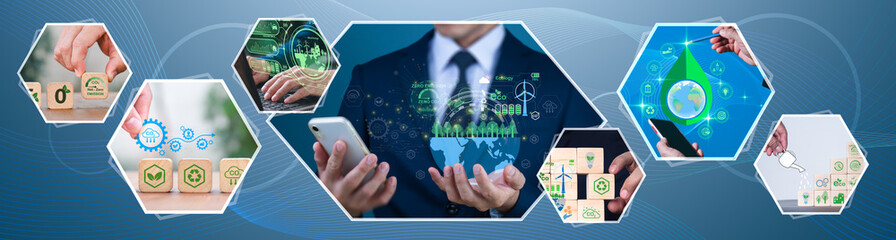 The balance of carbon is zero. The hand of pollution and effective management with netzero symbols, such as waste recycling, renewable energy, green production, and lower CO2 emissions.