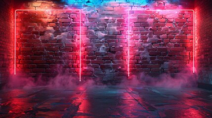 Vibrant neon lights create a dramatic outline of entryways in an alley, invoking inspiration and mystery