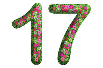 3d of the number 17 is made of green grass and beautiful flower isolated on transparent background. Go green concept for Memorial Day template