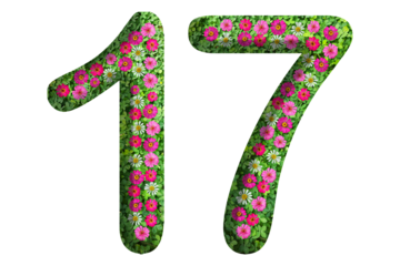 3d of the number 17 is made of green grass and beautiful flower isolated on transparent background. Go green concept for Memorial Day template