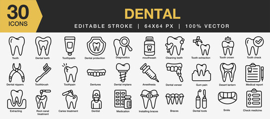 Set of 30 Dental icon set. Editable Stroke Icon Collection. Includes tooth, pain, teeth, medicine, treatment, cleaning, dentist, and More. Outline icons vector collection.