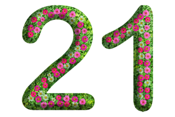 3d of the number 21 is made of green grass and beautiful flower isolated on transparent background. Go green concept for Memorial Day template