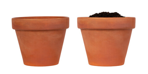 Flower pots with soil isolated on white or transparent background