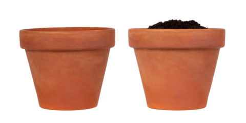 Flower pots with soil isolated on white or transparent background