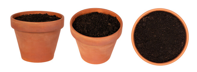 Flower pots with soil isolated on white or transparent background