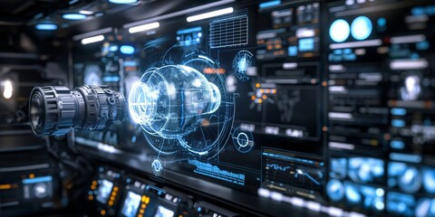 Fototapeta premium Digital backdround ideal for technological operations, neural networks, AI, data transmission and encryption, digital archives, scientific research