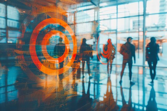 A double exposure of a marketing team with a target board, illustrating goal setting and achievement.