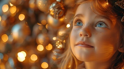 Child's face illuminated with the enchantment of Christmas lights, evoking warmth