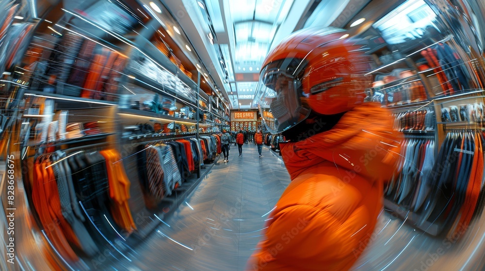 Wall mural Action shot of a person wearing orange in a clothing store with dynamic motion blur effect