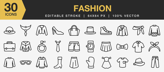 Set of 30 Fashion icon set. Editable Stroke Icon Collection. Includes tie, dress, shirt, sweater, jeans, hoodie, and More. Outline icons vector collection.