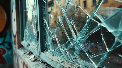 Vandalized office window with cracked glass and graffiti