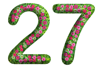 3d of the number 27 is made of green grass and beautiful flower isolated on transparent background. Go green concept for Memorial Day template
