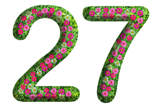 3d of the number 27 is made of green grass and beautiful flower isolated on transparent background. Go green concept for Memorial Day template