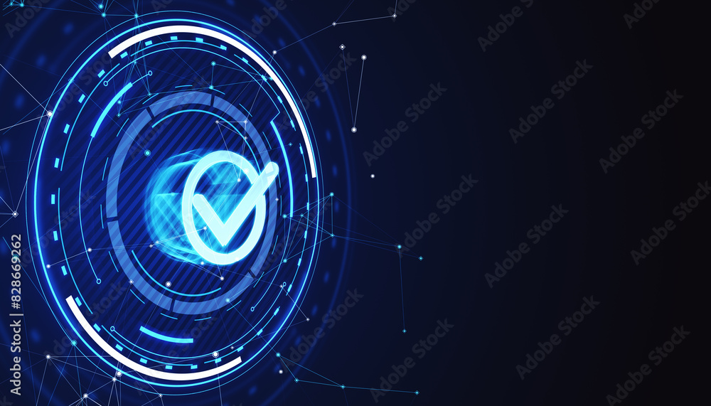 Poster A digital checkmark symbol within futuristic circular elements on a dark blue background representing security concept. 3D Rendering