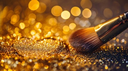 Fototapeta premium Heart shaped makeup brush creating a cosmetic design on a background of gold glitter