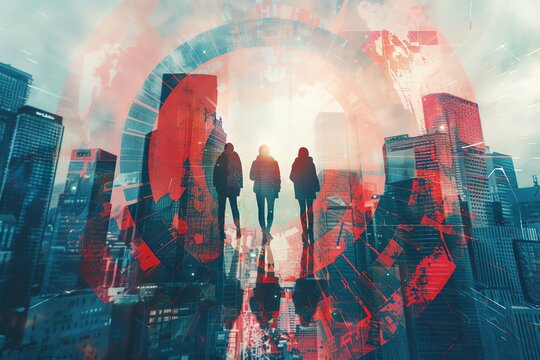 A double exposure of a marketing team with a target board, illustrating goal setting and achievement.