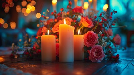 religious holiday table, the shavuot holiday table adorned with flowers and candles symbolizes the jewish tradition of receiving the torah