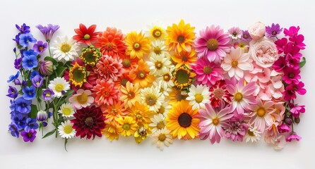 A colorful bouquet of flowers arranged in a rainbow pattern