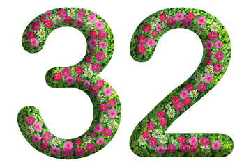 3d of the number 32 is made of green grass and beautiful flower isolated on transparent background. Go green concept for Memorial Day template