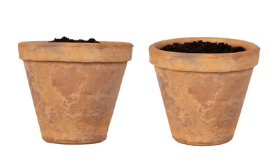 Flower pots with soil isolated on white or transparent background	