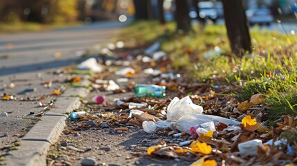 Obraz premium Discarded items like plastic bags and cigarette butts scattered near the edge of a sidewalk in a park