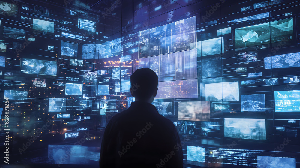 Poster technology artificial intelligence hologram of digital on virtual screen network. circuit board with