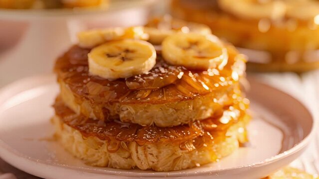 A playful twist on a classic pineapple upsidedown cake with layers of fluffy cake and caramelized bananas.