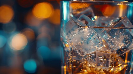 Elegant Whiskey Glass with Splashing Ice Cubes on Blurred Festive Background