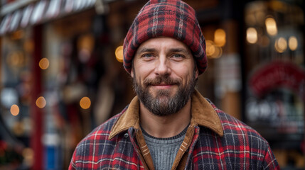Fototapeta premium A man wearing a red and black plaid hat and a brown jacket is smiling. He is standing in front of a building with a window