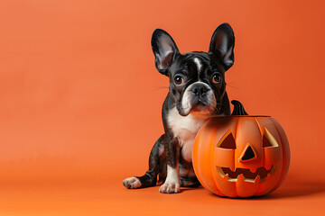 funny dog with pumpkin for halloween holiday isolated on orange background	