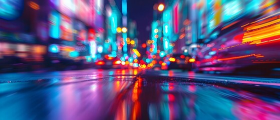 Blurred Neon Lights and Rapid Motion on a Thrilling City Street at Night