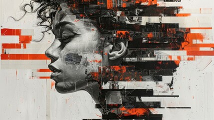 Collage of woman's portrait with a lot of pieces and fragments around her head. Blask and white, Abstrart, creative art, close up