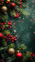 Festive Christmas Background with Fir Branches, Berries & Golden Balls