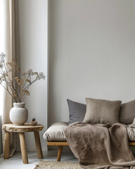 Modern interiors with minimalistic decoration and minimal furniture. Interior design composition with natural window lighting and copyspace for text