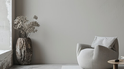 Modern interiors with minimalistic decoration and minimal furniture. Interior design composition with natural window lighting and copyspace for text
