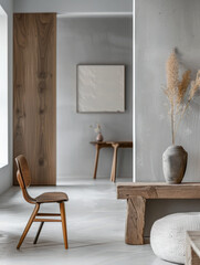 Modern interiors with minimalistic decoration and minimal furniture. Interior design composition with natural window lighting and copyspace for text