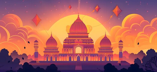 Obraz premium illustration of an Indian temple silhouette against the backdrop of a purple sky at sunset