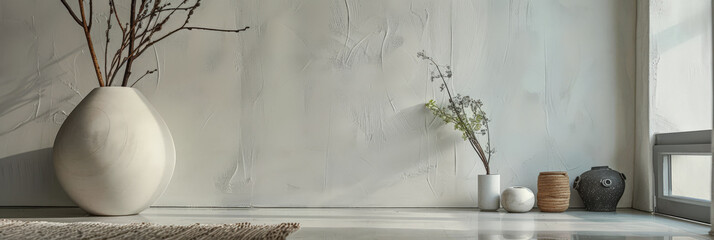 Modern interiors with minimalistic decoration and minimal furniture. Interior design composition with natural window lighting and copyspace for text