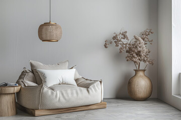 Modern interiors with minimalistic decoration and minimal furniture. Interior design composition with natural window lighting and copyspace for text