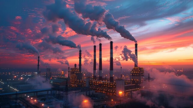 Exterior view of an industrial factory at dusk, with smoke stacks, bright lights, and a sprawling complex under a colorful sky