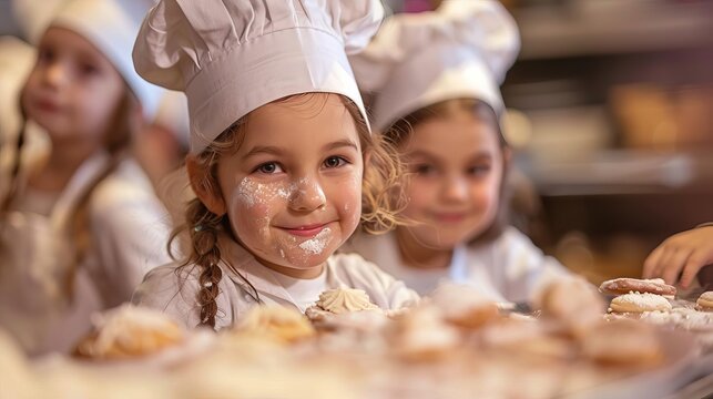 Fun cooking class for kids, with young chefs wearing aprons and hats, enthusiastically decorating cookies and baking treats