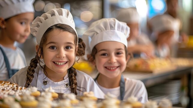 Fun cooking class for kids, with young chefs wearing aprons and hats, enthusiastically decorating cookies and baking treats