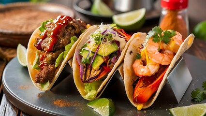 A mouthwatering close-up food photography featuring a colorful array of tacos