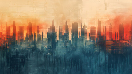 Abstract Modern Metropolis: Gradient Texture of Urban Skyline in Midnight Blue, Steel Gray, City Lights Yellow, and Cherry Gold