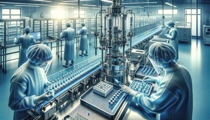 high-tech pharmaceutical lab with workers in sterile blue uniforms and protective gear meticulously handling vials of medicine.