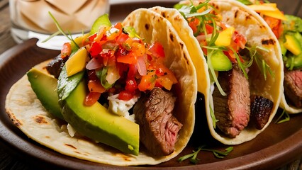 A mouthwatering close-up food photography featuring a colorful array of tacos